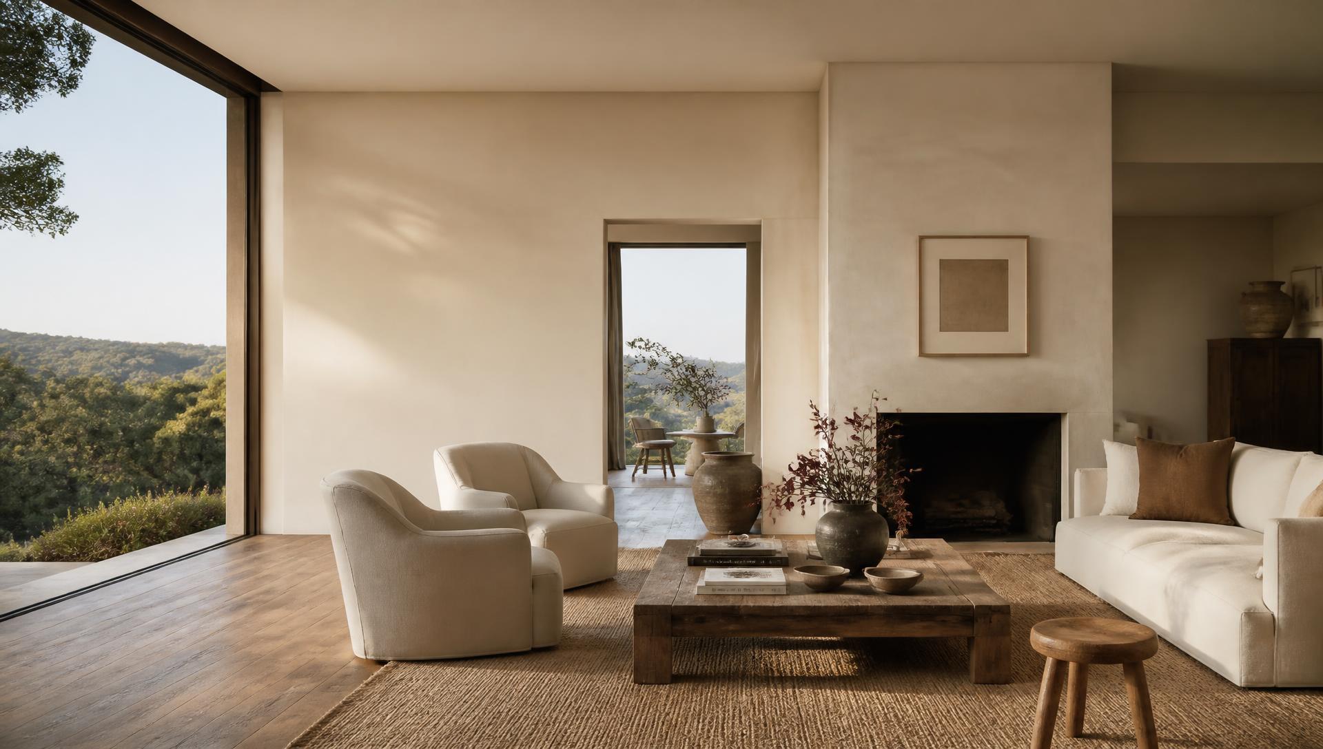 Warm Central Coast living room with oak flooring and views of rolling hills