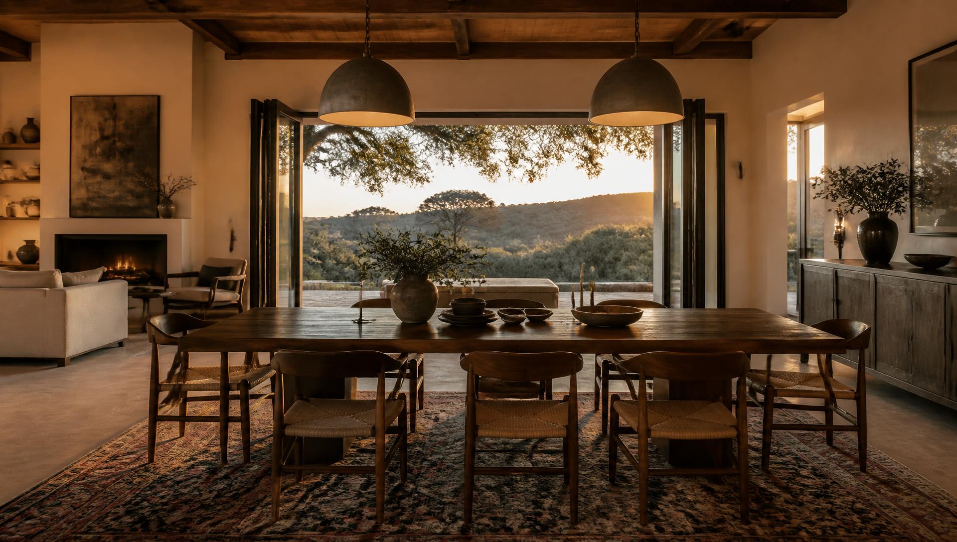 Inviting dining room open to Central Coast hills at golden hour