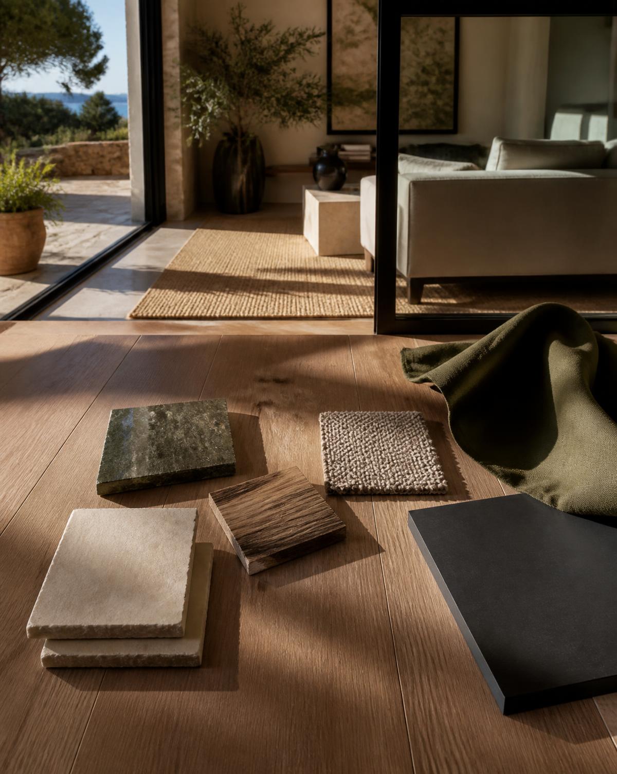 Oak flooring with carpet, stone and finish samples