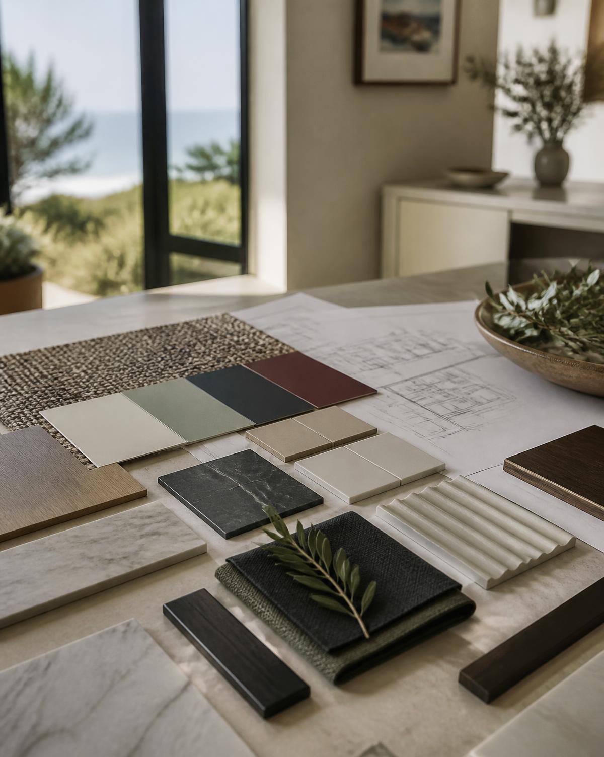 Material, color and finish selections arranged on an interior project table