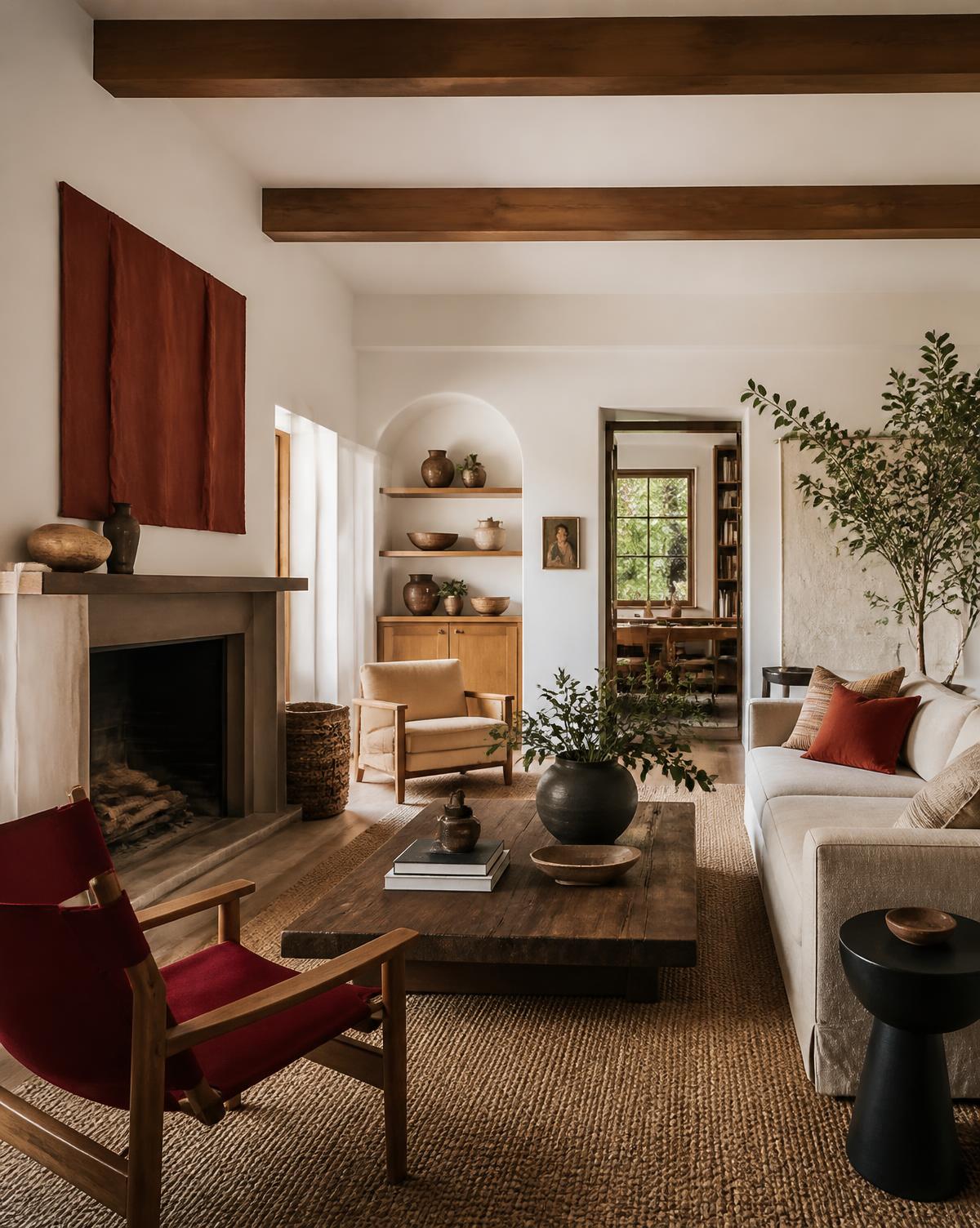 Collected living room with warm wood and burgundy accents